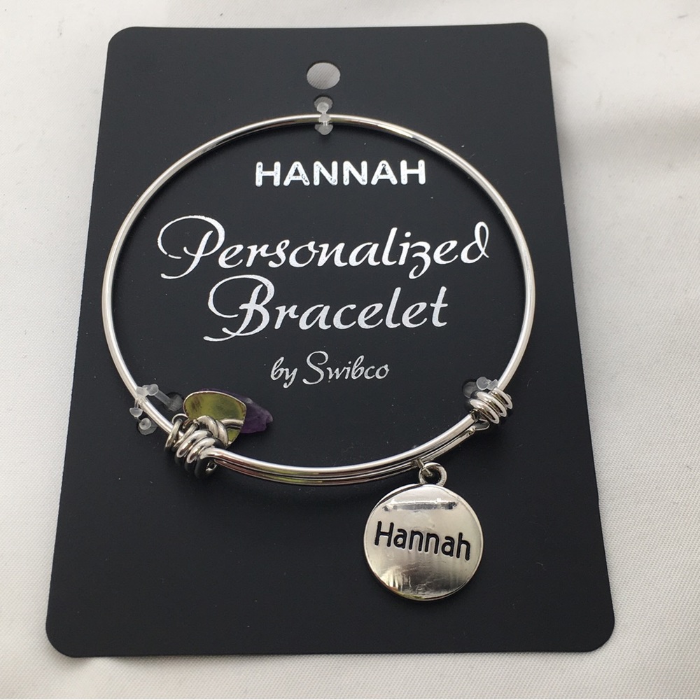 Swibco, Hannah, Personalized Bangle Charm Bracelet With Amethyst Crystal, NOC